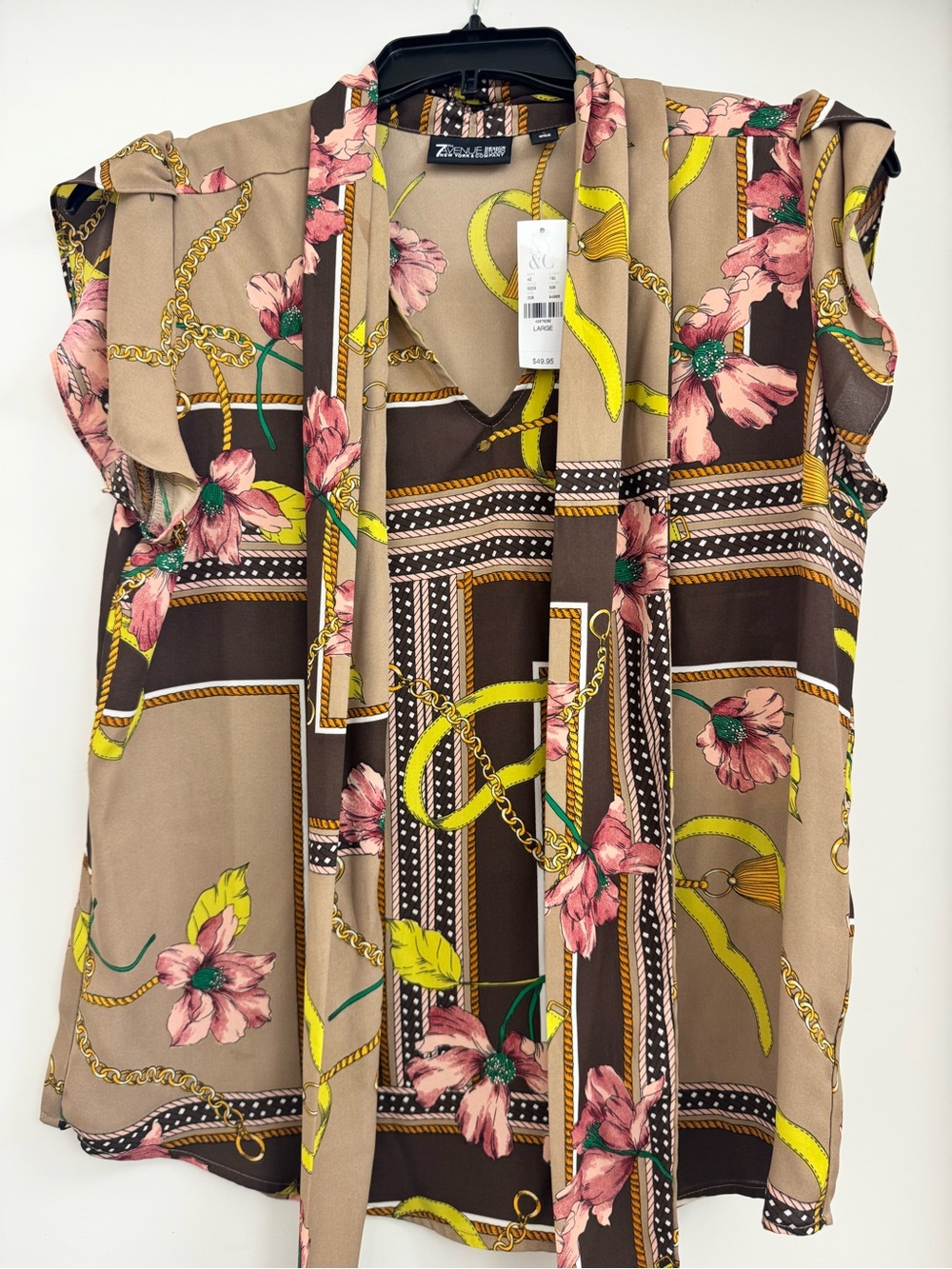NWT New York & Company Floral Chain Print Tie-Neck Blouse L